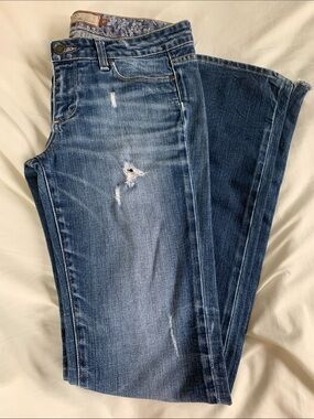 PAIGE Premium Denim Distressed Jeans Floral Waistband Fringe Hem